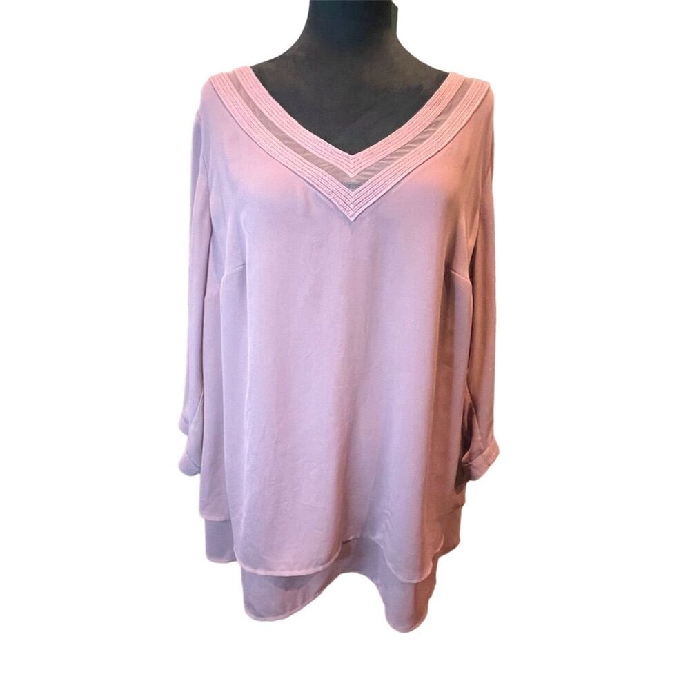 Magnolia Grace Women's 3/4 Sleeve V-Neck Blouse Mauve Size 1X Casual Lightweight